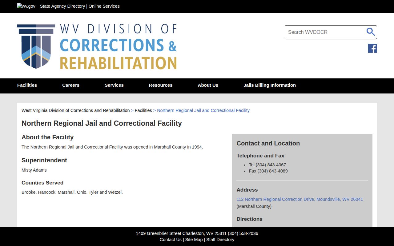 Northern Regional Jail Brooke County release facility contact
