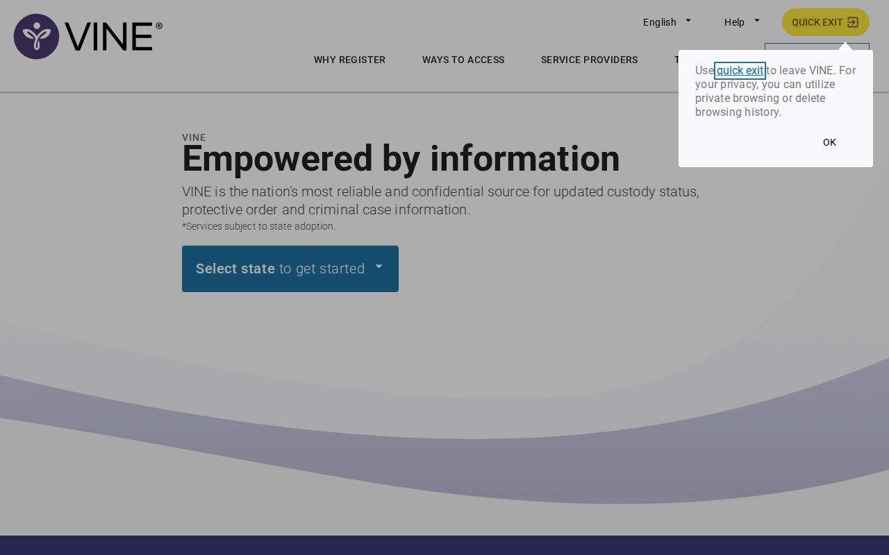 Brooke County VINE inmate check state selection and person search